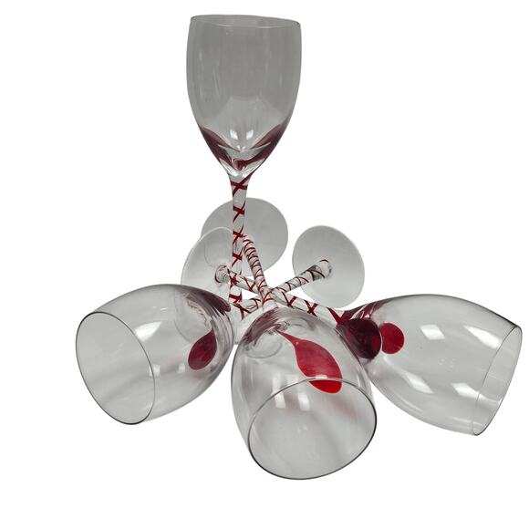 4 pc Pier 1 Red Swirl Line Swirline Stem Wine Glasses 9" high Party Gift - Picture 4 of 8